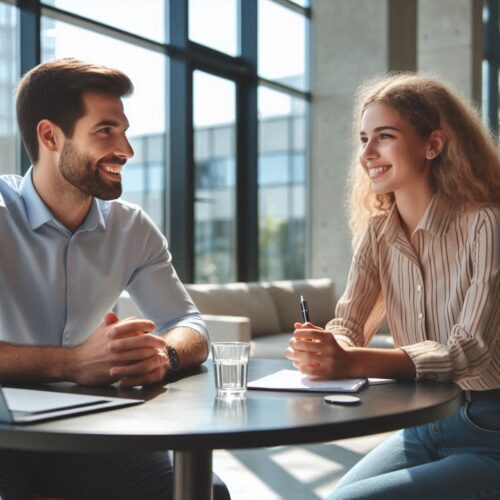 A salesperson and a prospect engaged in a relaxed conversation at a round table in a modern office, illustrating a no-pressure sales environment. The salesperson is smiling and listening attentively, while the prospect appears engaged and thoughtful.